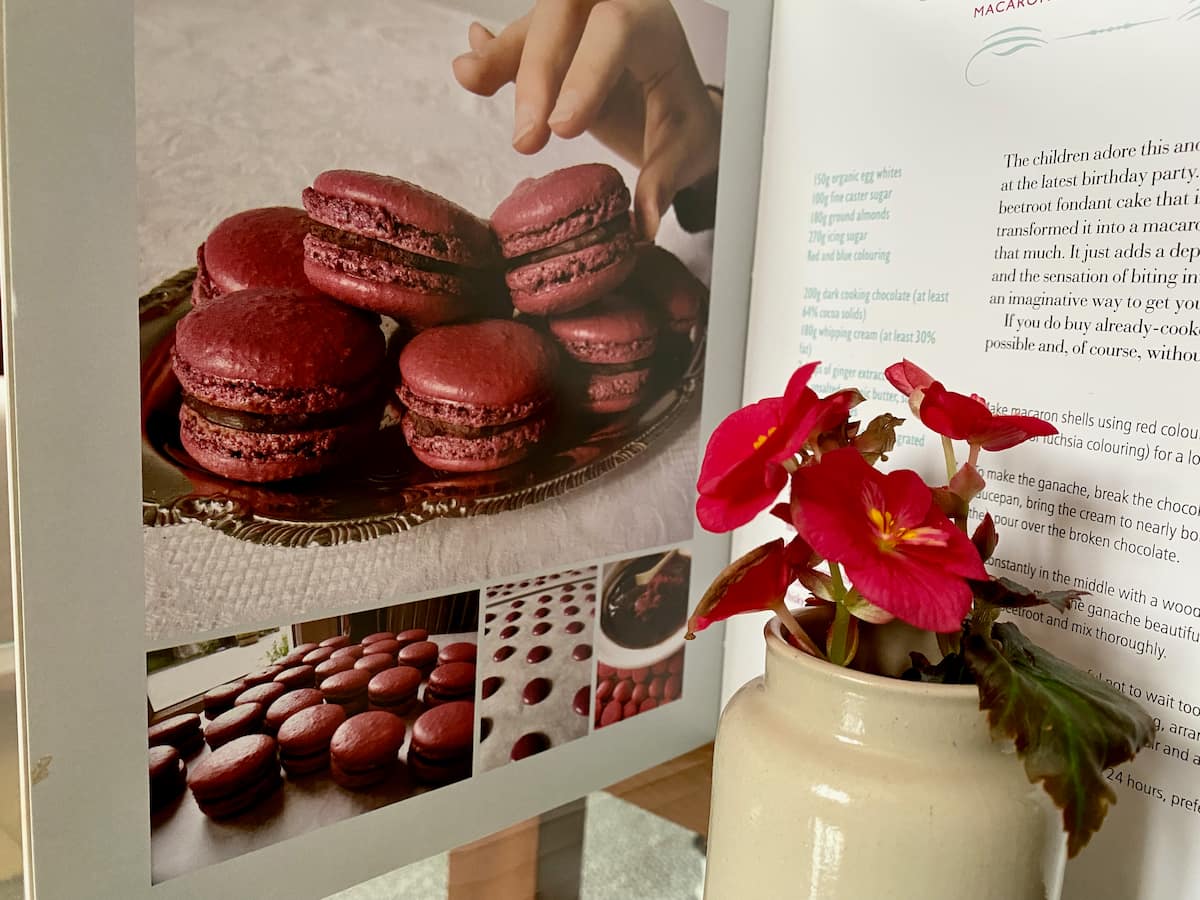 recipe page for chocolate beetroot macarons in a cookbook