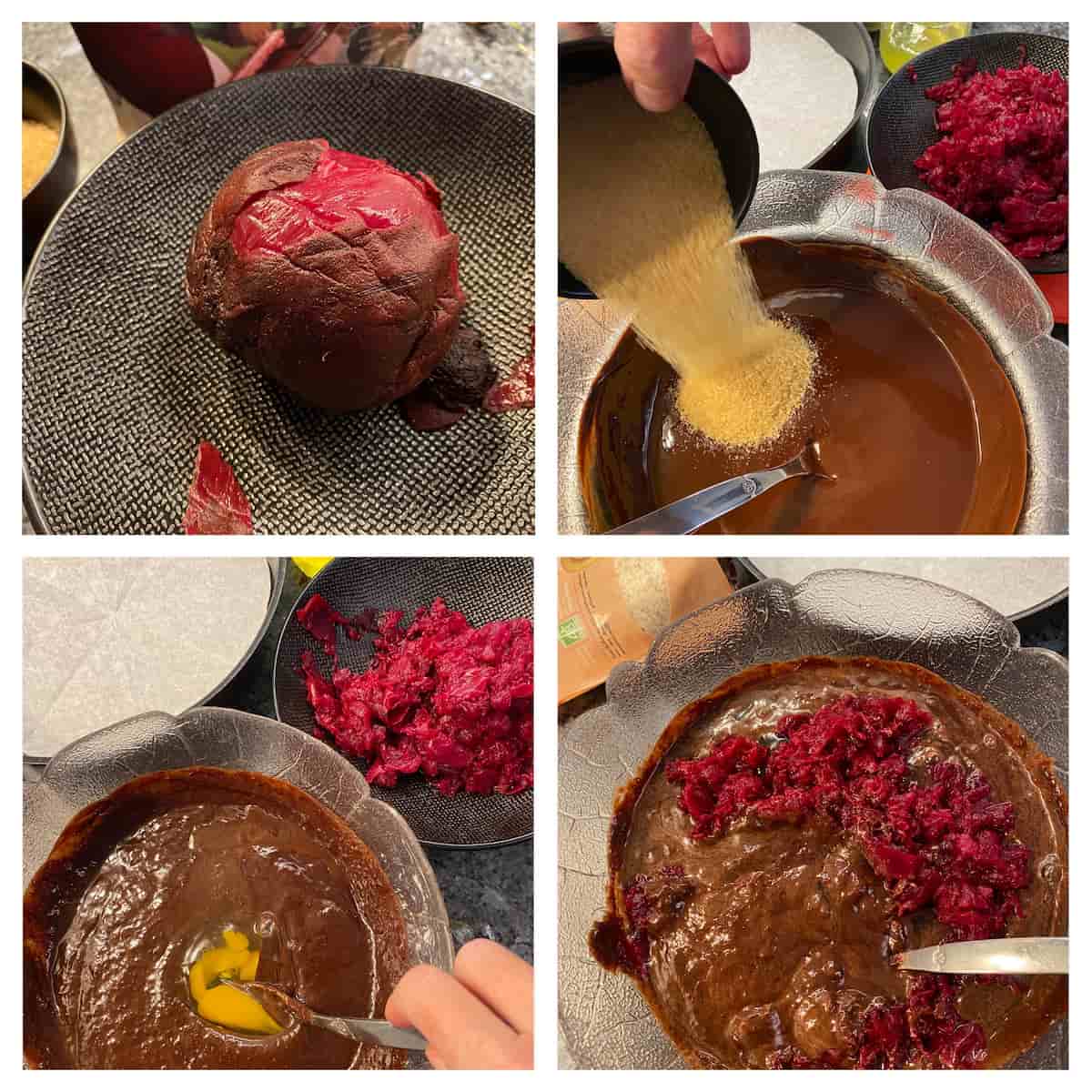 4 steps in making cake - melting chocolate with grated cooked beetroot and adding eggs
