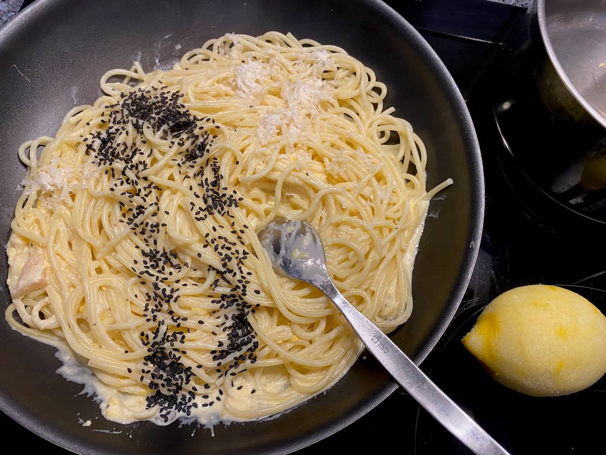 creamy lemon spaghetti with black sesame seeds