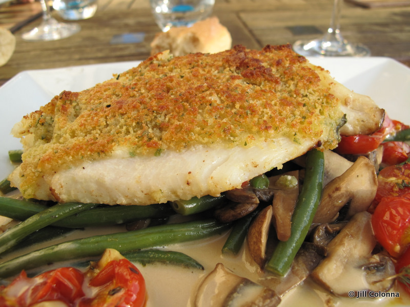 john dory fish with a herb crust on a bed of vegetables
