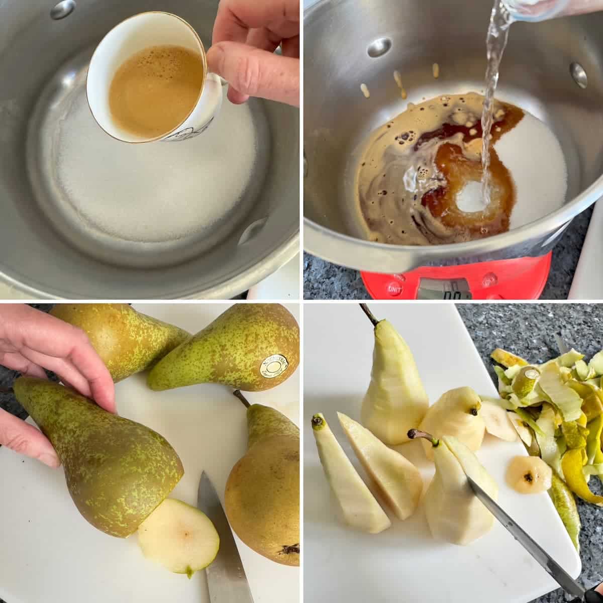 Preparing poaching syrup and peeled pears