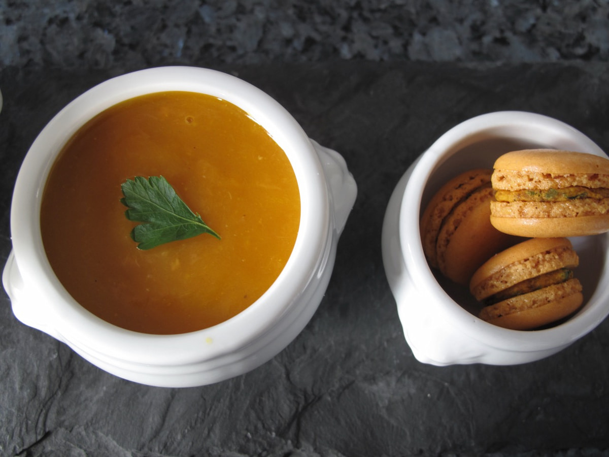 leek pumpkin soup with mini macarons