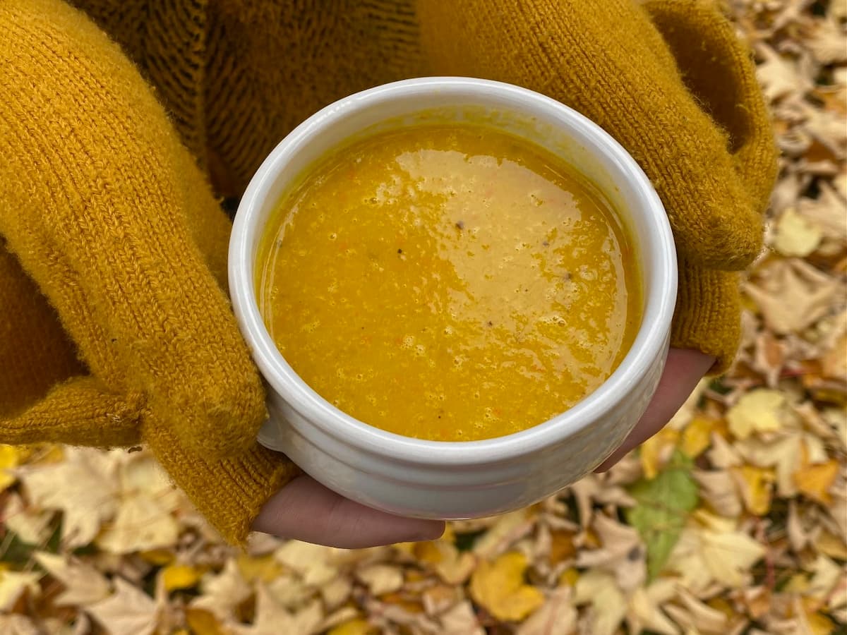 bowl of pumpkin soup being held with gloves in the autumn leaves