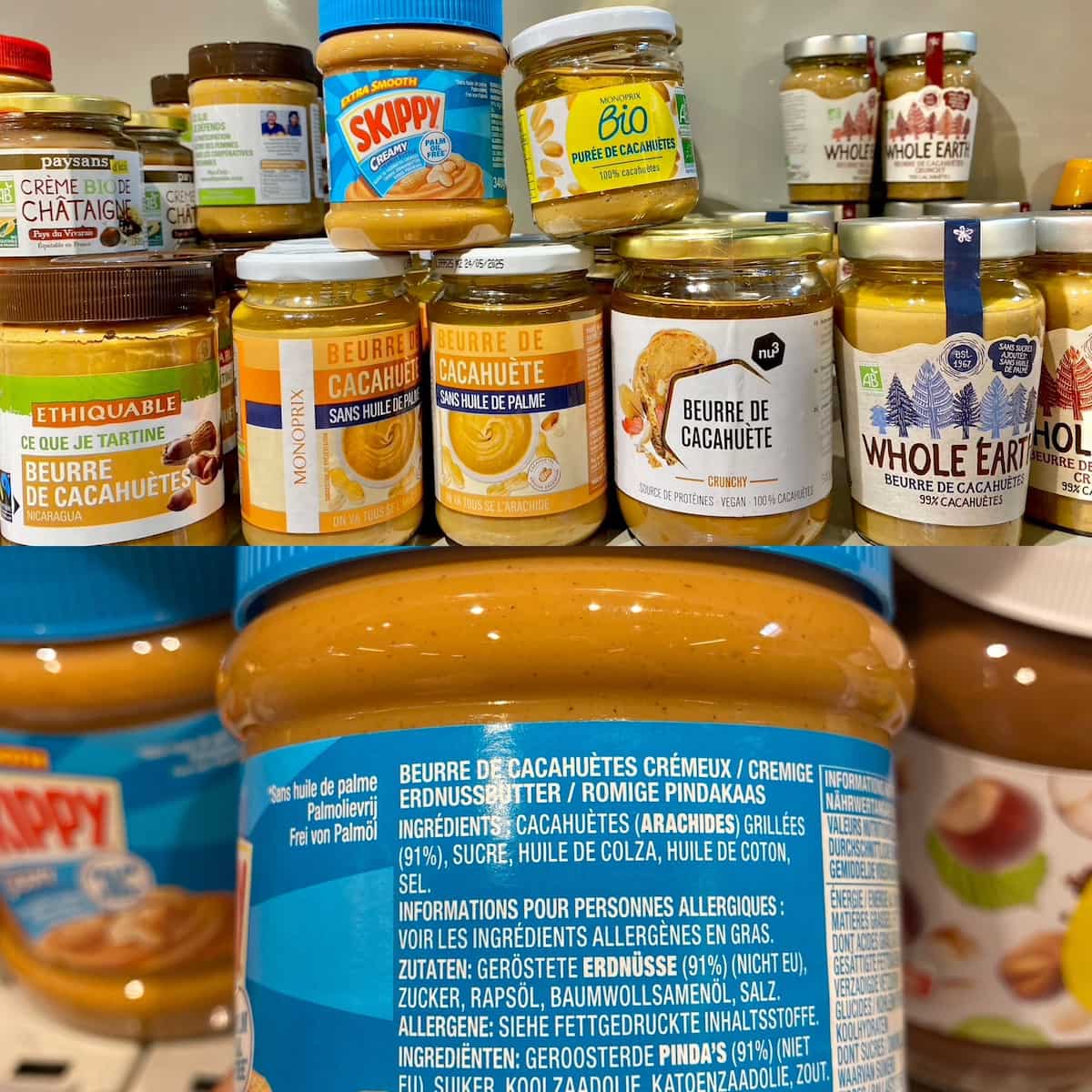 various brands of peanut butter jars, with sugar and extra oils added to some brands