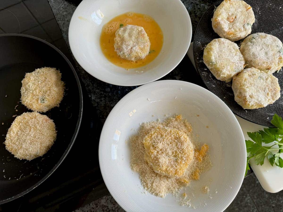 bowls filled with egg and breadcrumbs to coat smoked haddock fishcakes