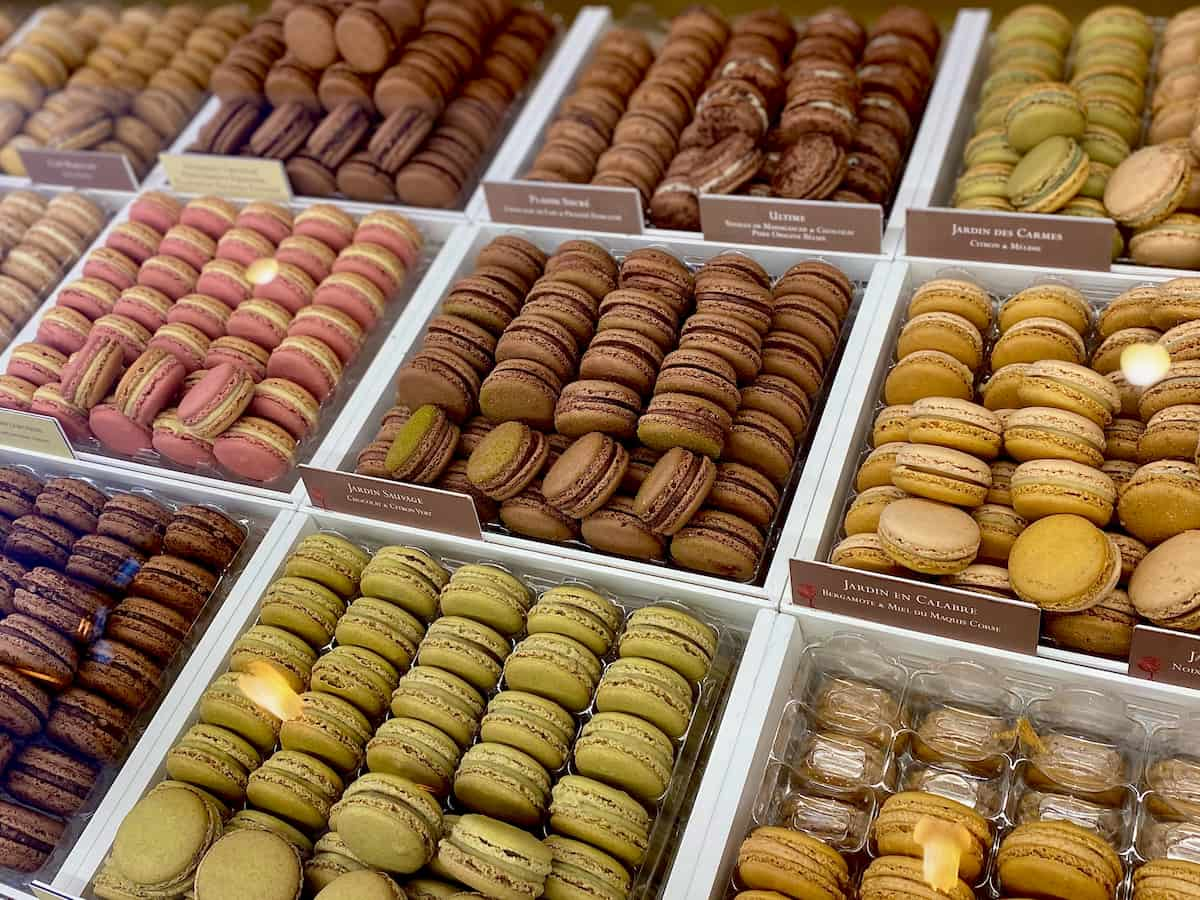 rows of chocolate macarons in Paris