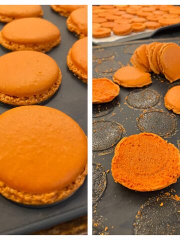 macarons with feet baked on a silicone mat next to a them stuck to the mat