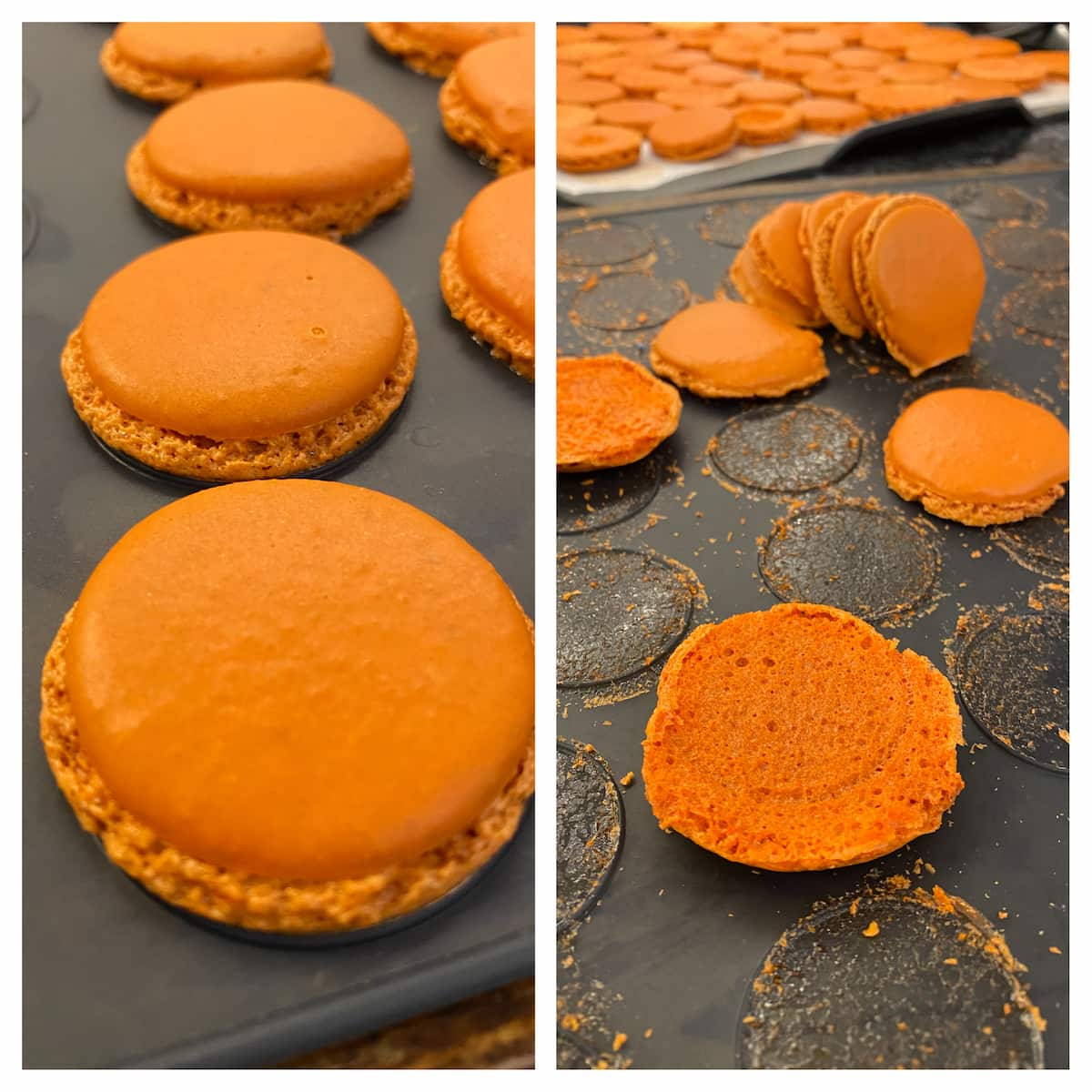 macarons with feet baked on a silicone mat next to a them stuck to the mat