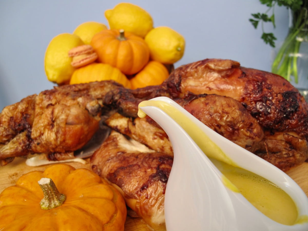 pot of lemon sauce, roasted chickens and pumpkins