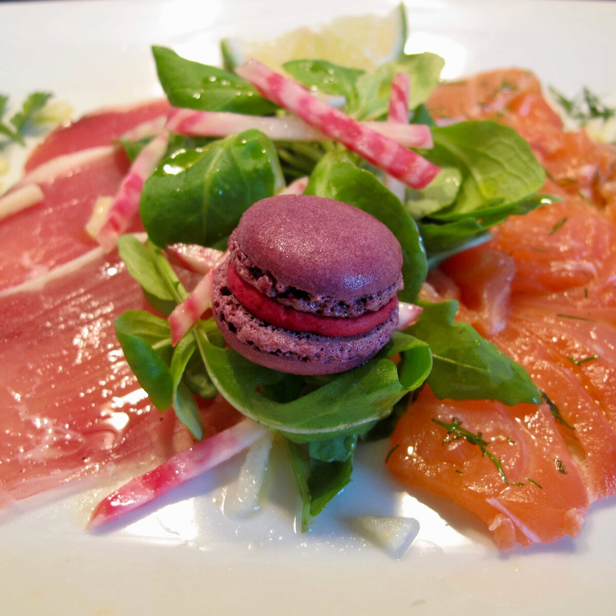 land and sea salad with macaron