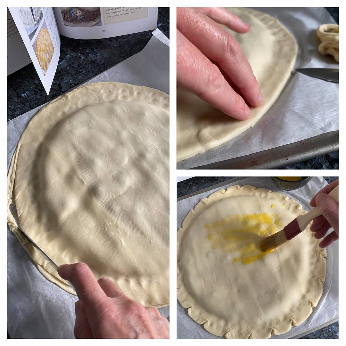 sealing the puff pastry border with indents and glaze with egg yolk