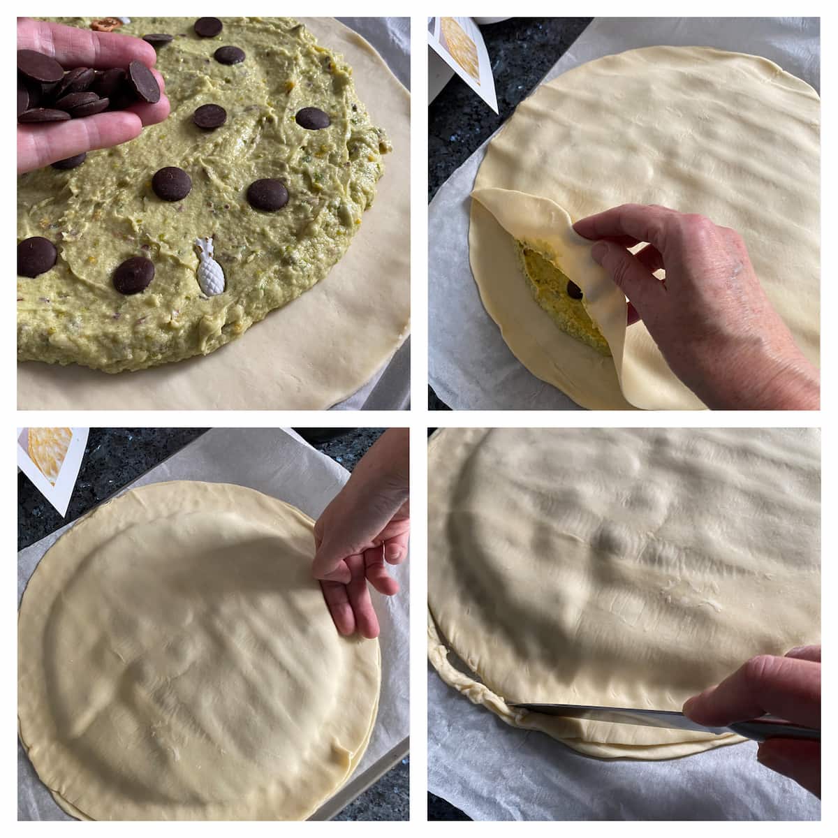 pressing down the second circle of puff pastry over the first covered in almond and pistachio cream