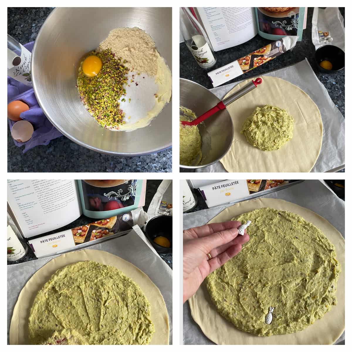 4 steps making pistachio almond cream and spreading on a circle of puff pastry
