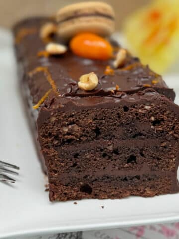 French layered chocolate cake, showing the moist inside layers