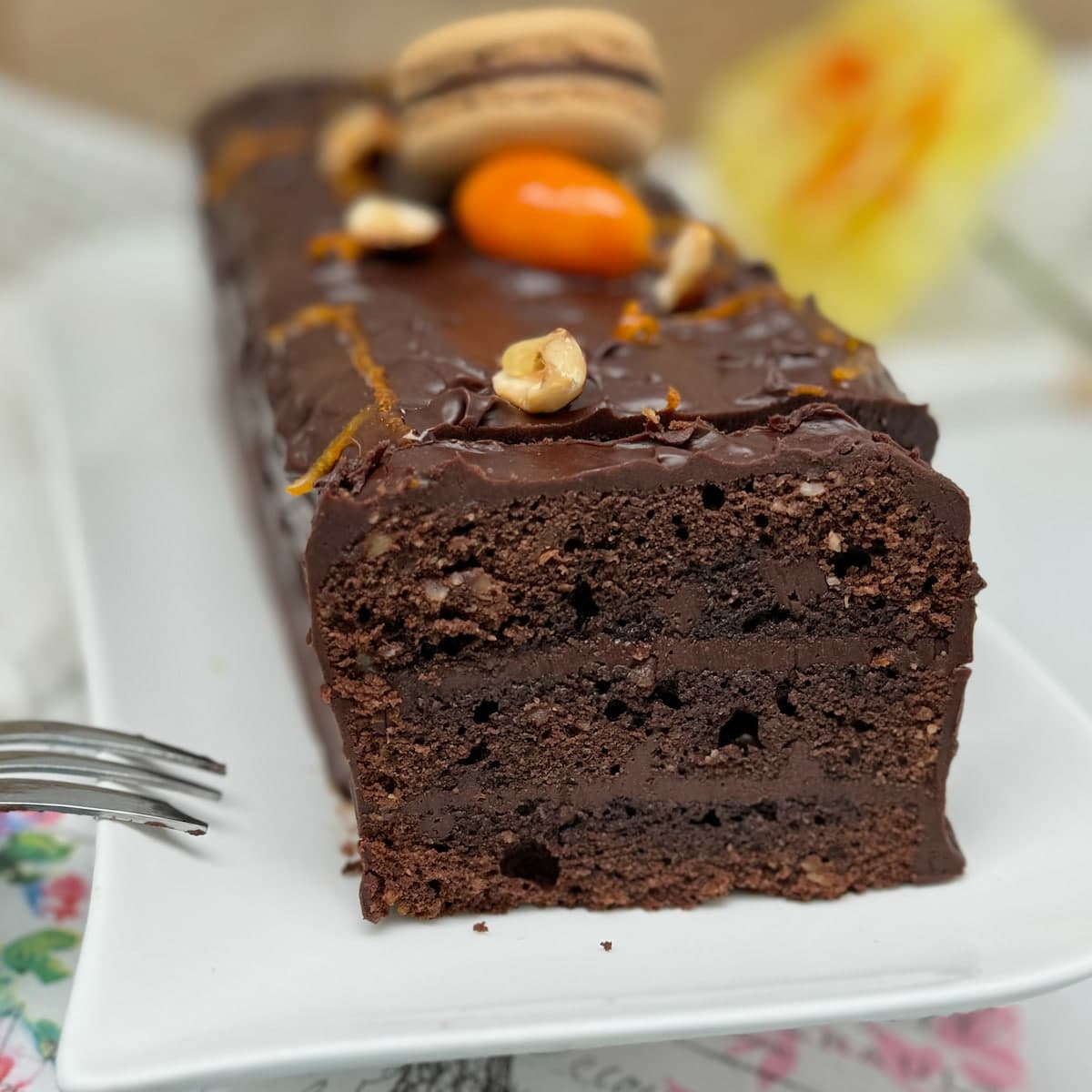 French layered chocolate cake, showing the moist inside layers