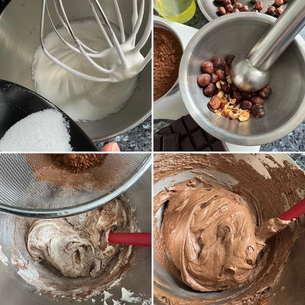 how chocolate cake is made, step by step of whisking egg whites and incorporating chocolate powder, flour and optional toasted hazelnuts