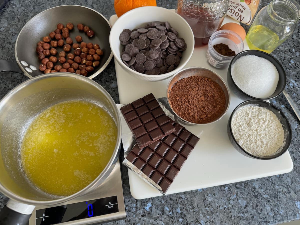 preparing all the ingredients to make a French chocolate cake