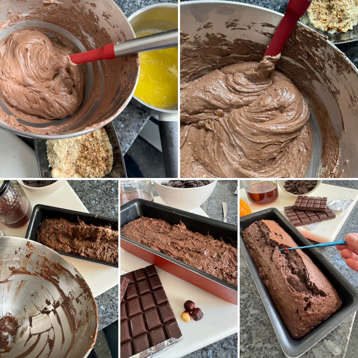 steps of folding melted butter and ground hazelnuts into the chocolate batter and transfer to a cake tin