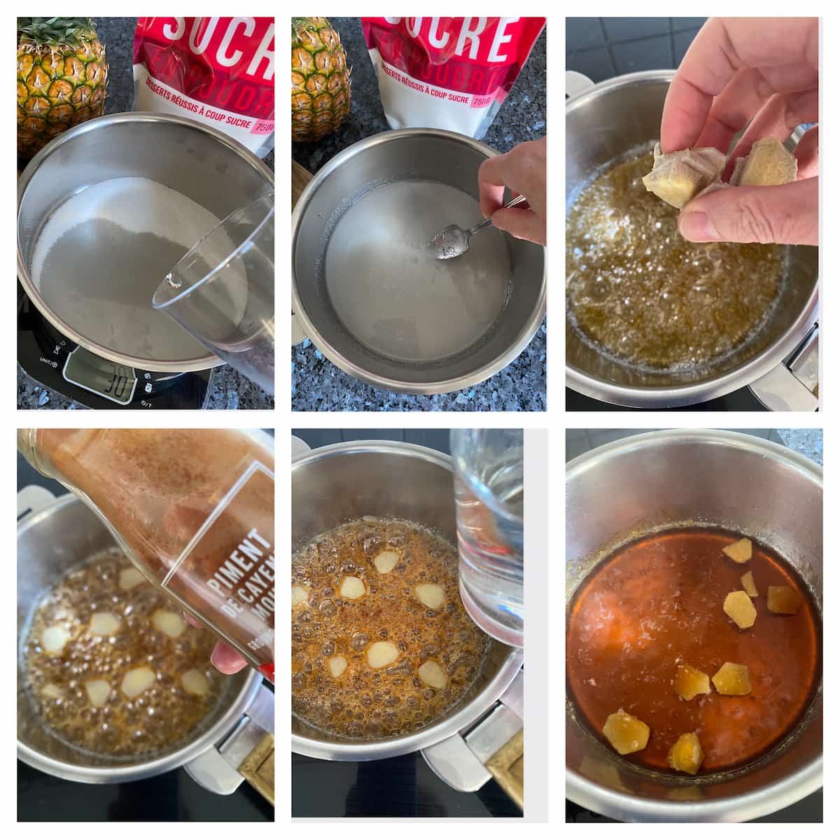 6 steps making a wet caramel with sugar and water then adding slices of ginger, chilli and water