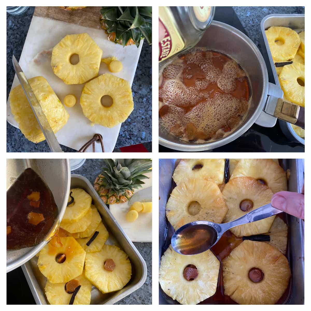 recipe steps - cut the pineapple into slices, add rum to the caramel and pour over the slices in a roasting tin and coat regularly
