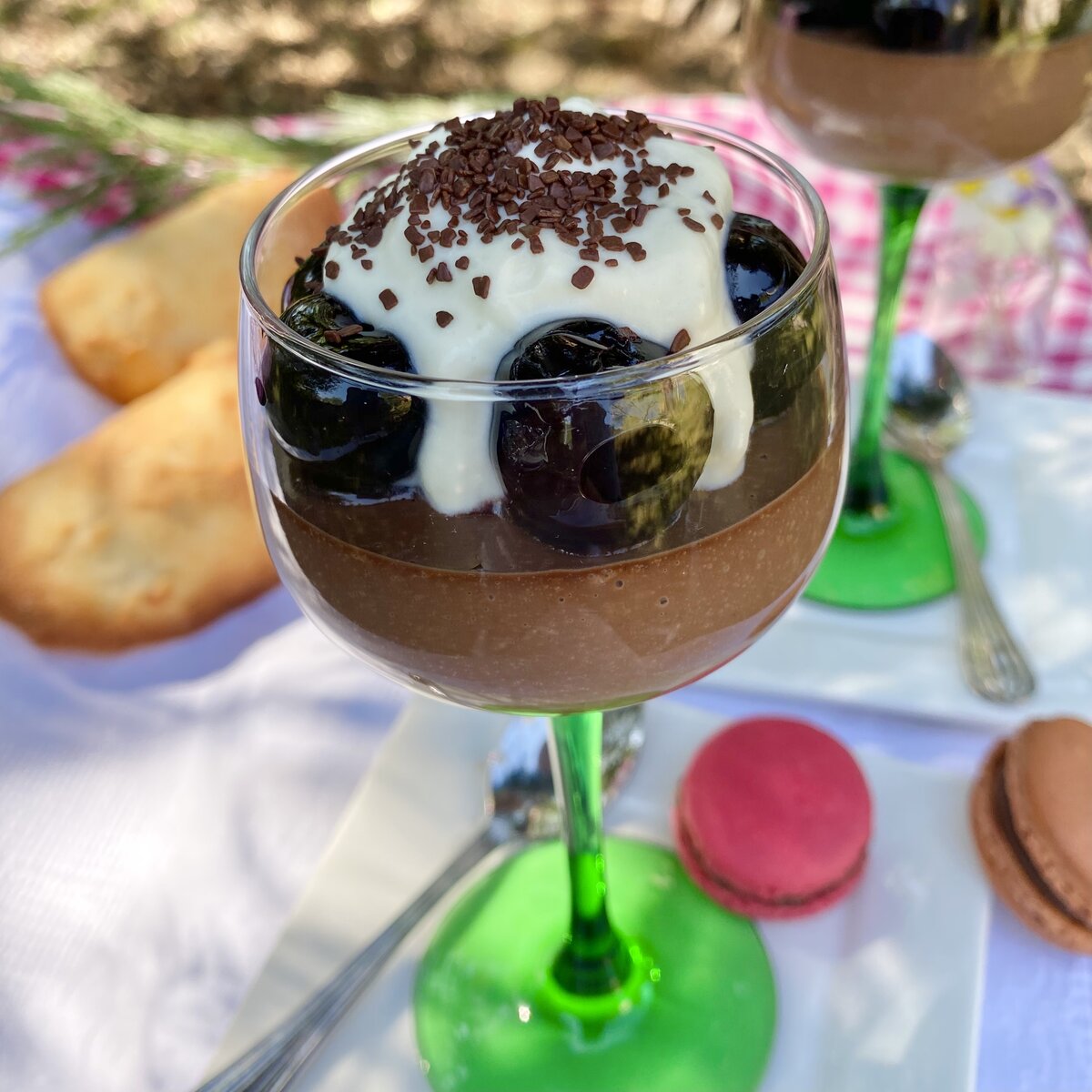 black forest chocolate cherry cream with macarons