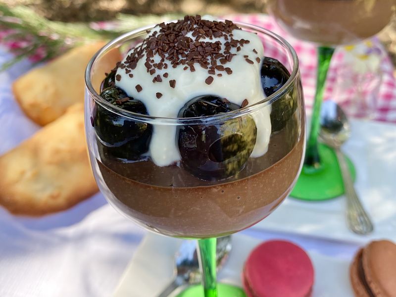 German chocolate creams with cherries and cream