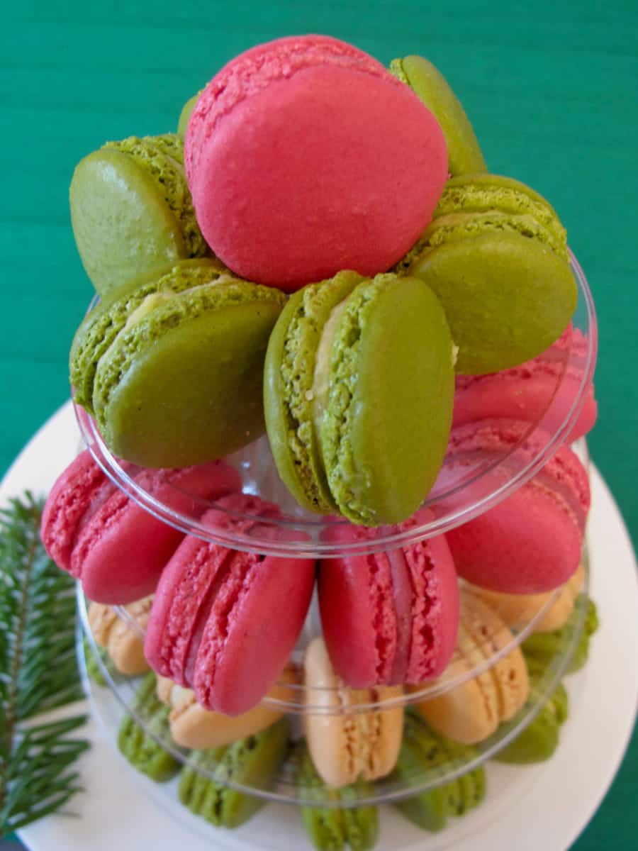 Long Macaron Richart Style macaron tower with raspberry macarons, pistachio and vanilla