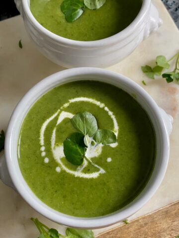 bowls of bright green watercress soup
