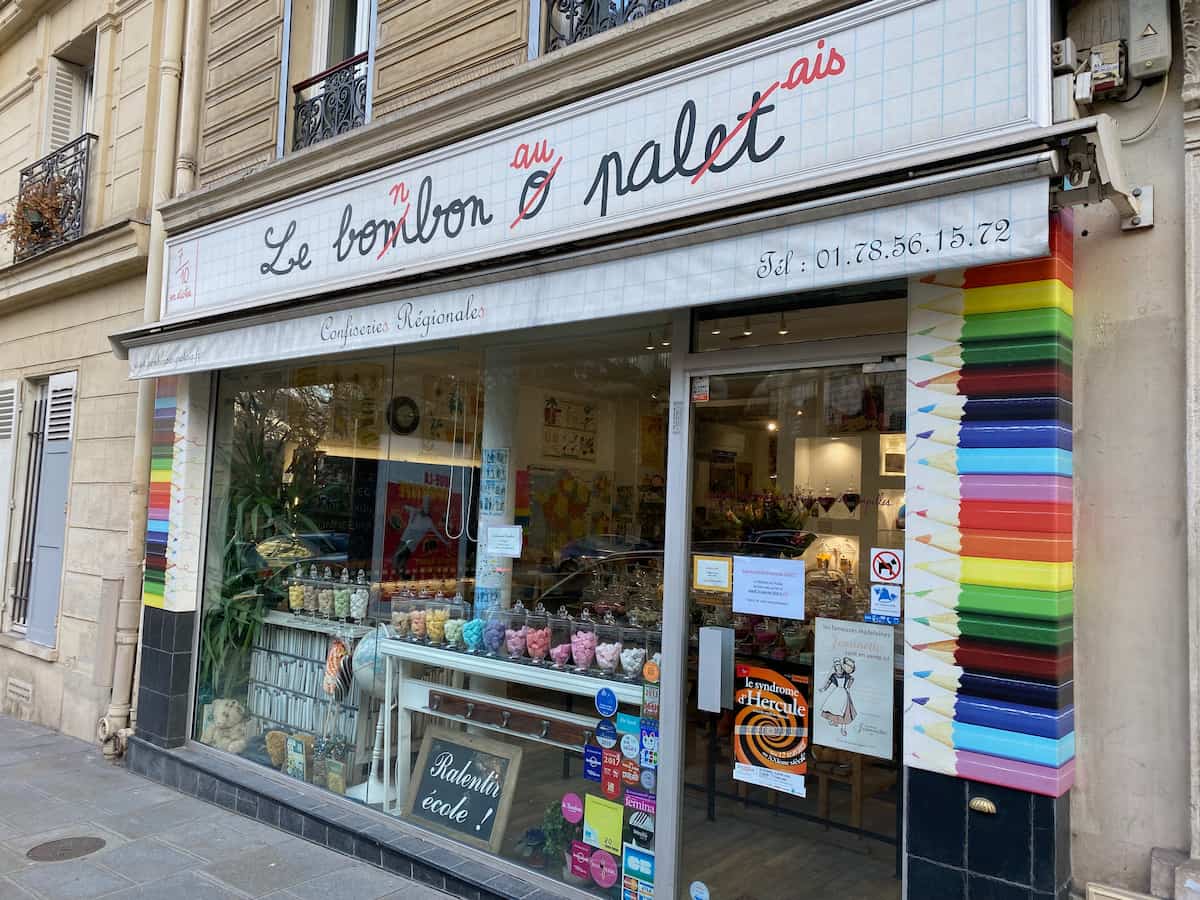 Tetons de la Reine Nipples of Queen Margot confiserie shopfront of a candy store in Paris, called Le Bonbon au Palais