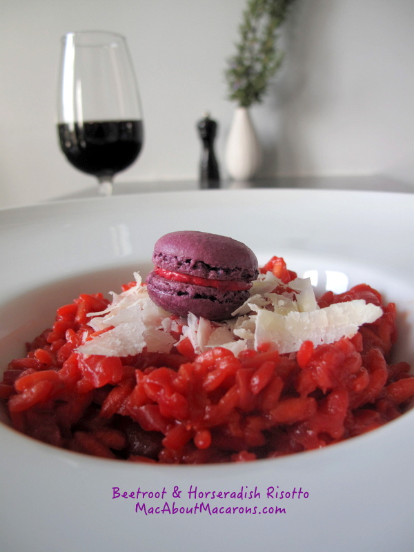 Beet and horseradish risotto with red wine and a savoury macaron