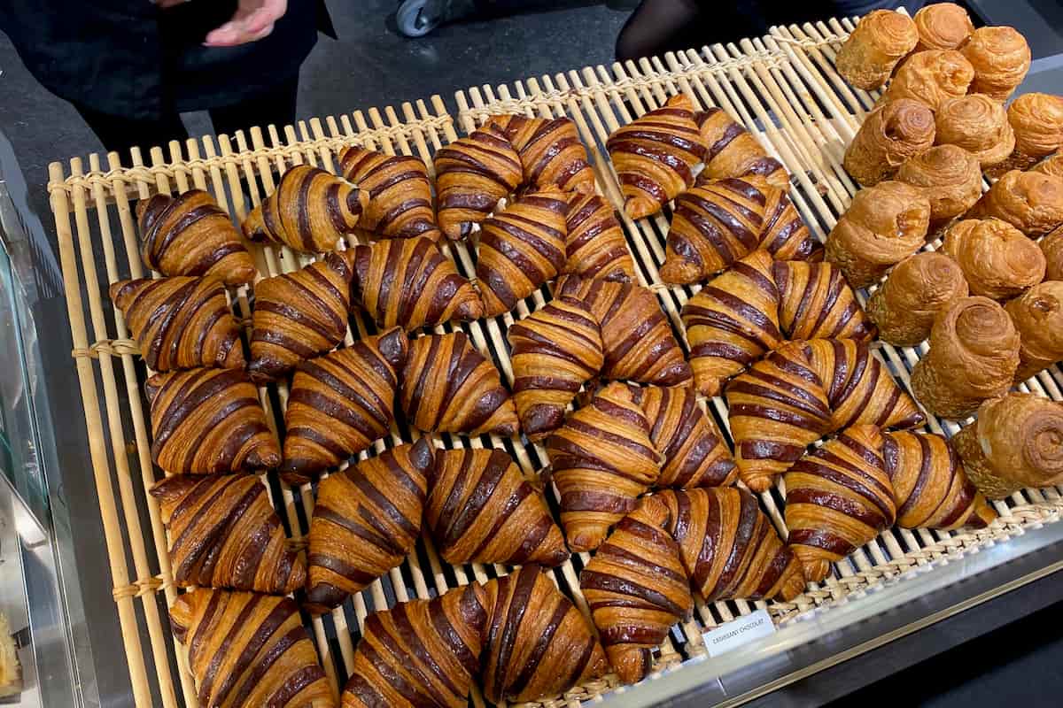 tray of chocolate striped croissants