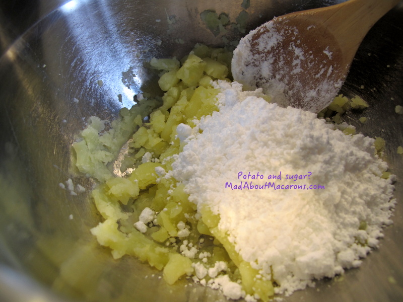 mixing mashed potato with icing-powdered sugar