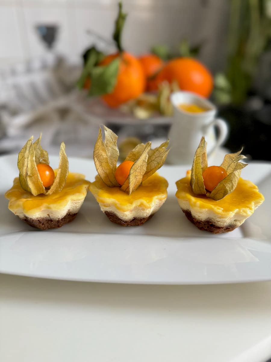3 mini cheesecakes with orange, cape gooseberries and a mango sauce