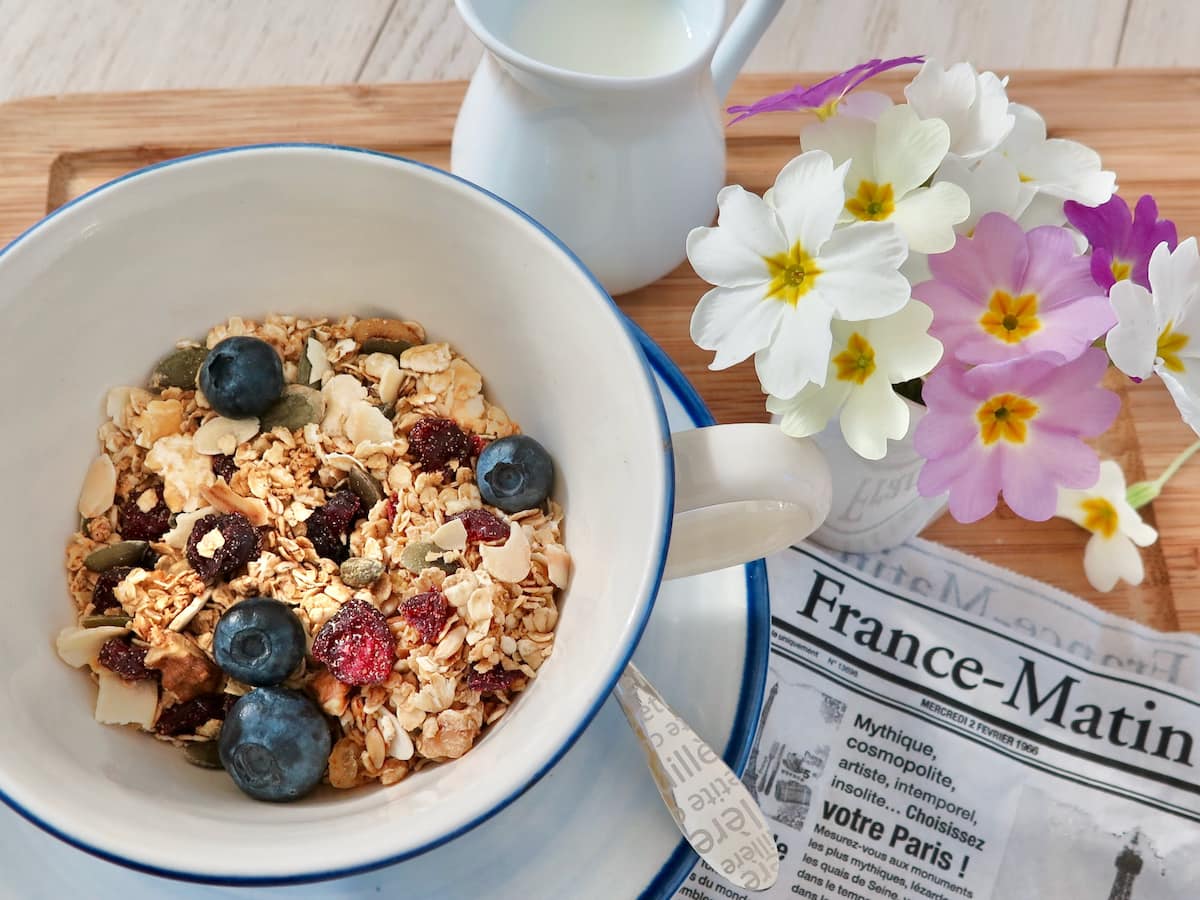 bowl of granola topped with dried cranberries and fresh blueberries