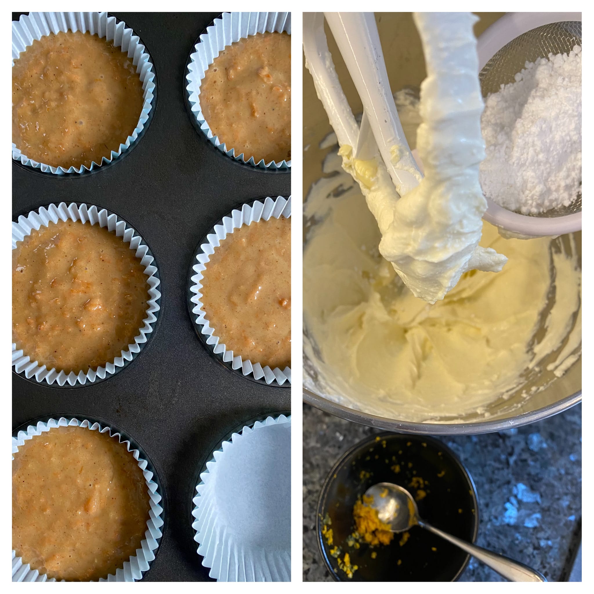 batter in papercases in muffin moulds and beating cream cheese with butter