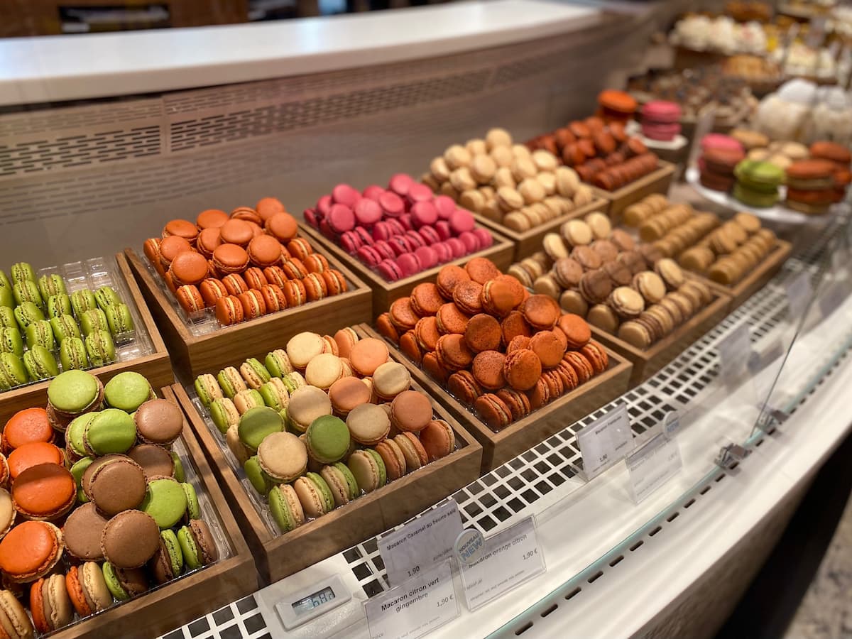 macarons lined up in a pastry shop window