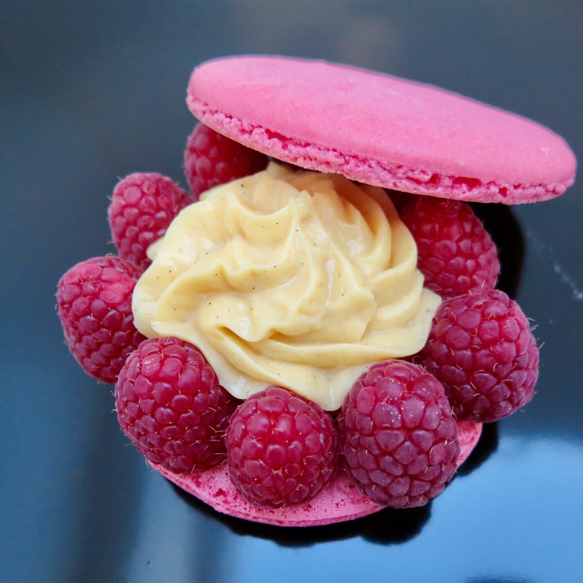 large pink macaron with pastry cream with a border of raspberries