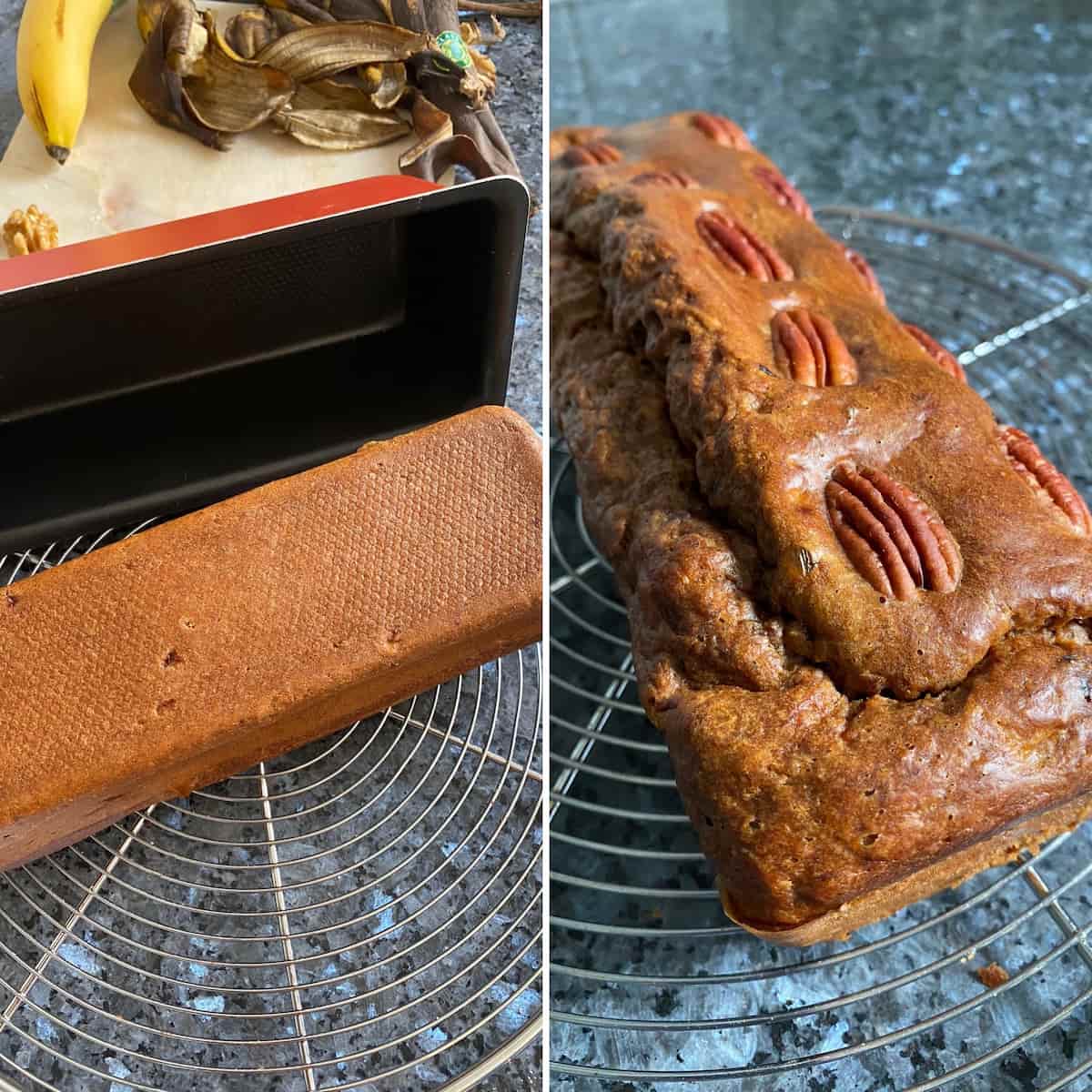turning out a banana cake from the tin to the rack to cool