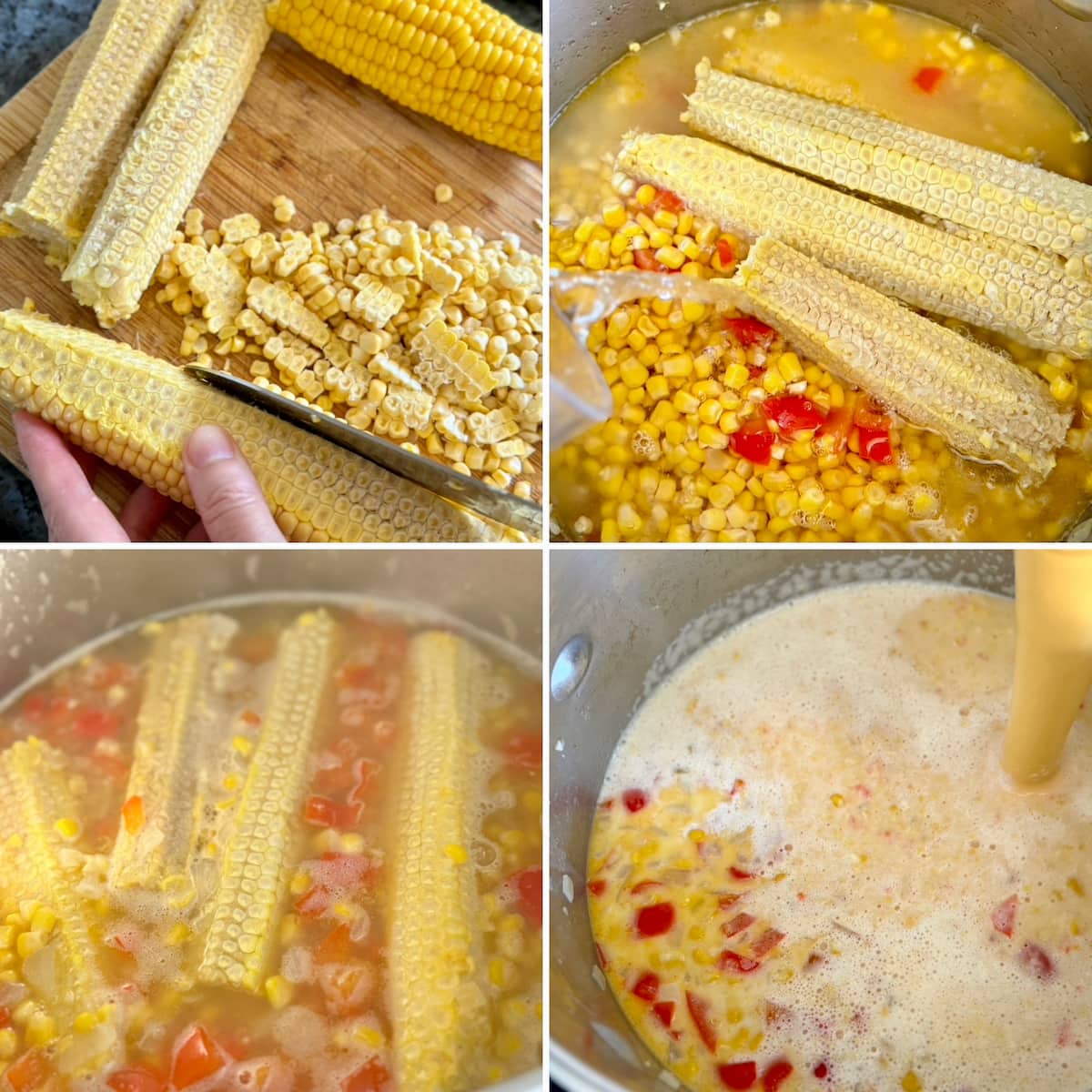 recipe steps to making corn soup with homemade corn stock using the cobs