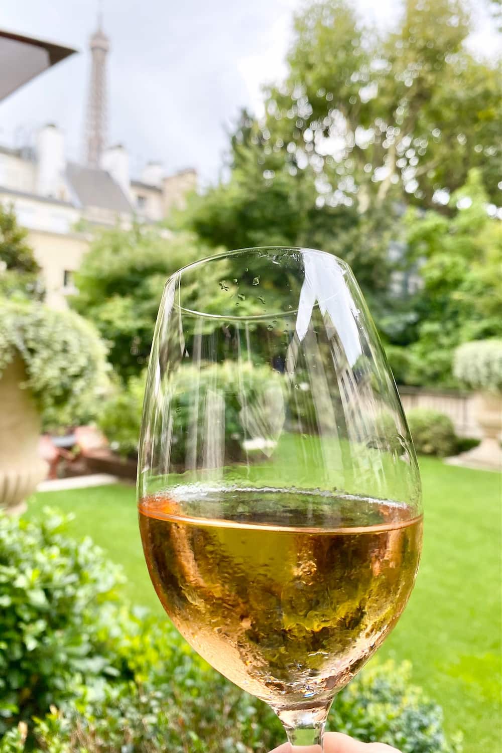 glass of rose wine in garden with Eiffel Tower