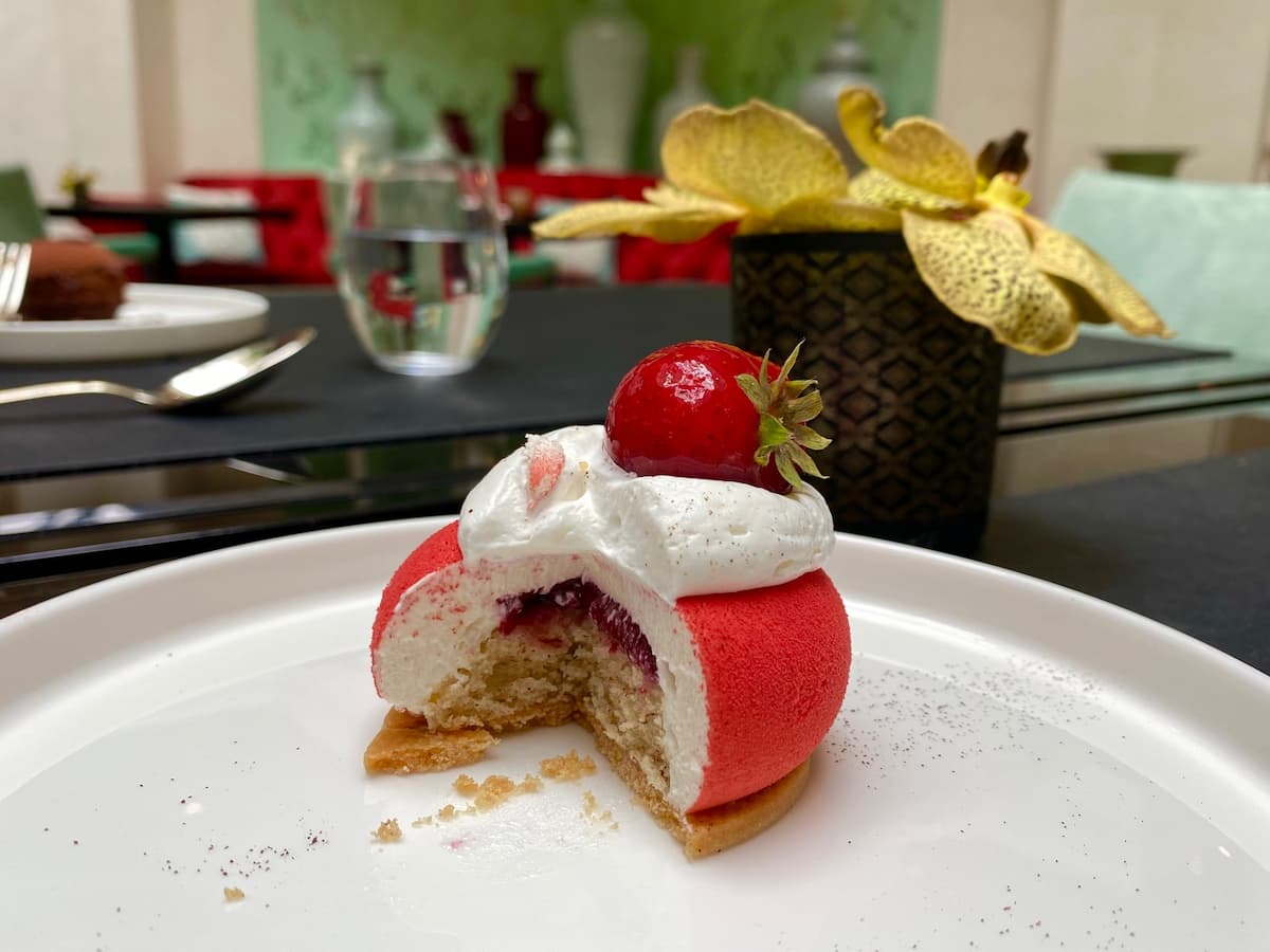 strawberry cake on white plate