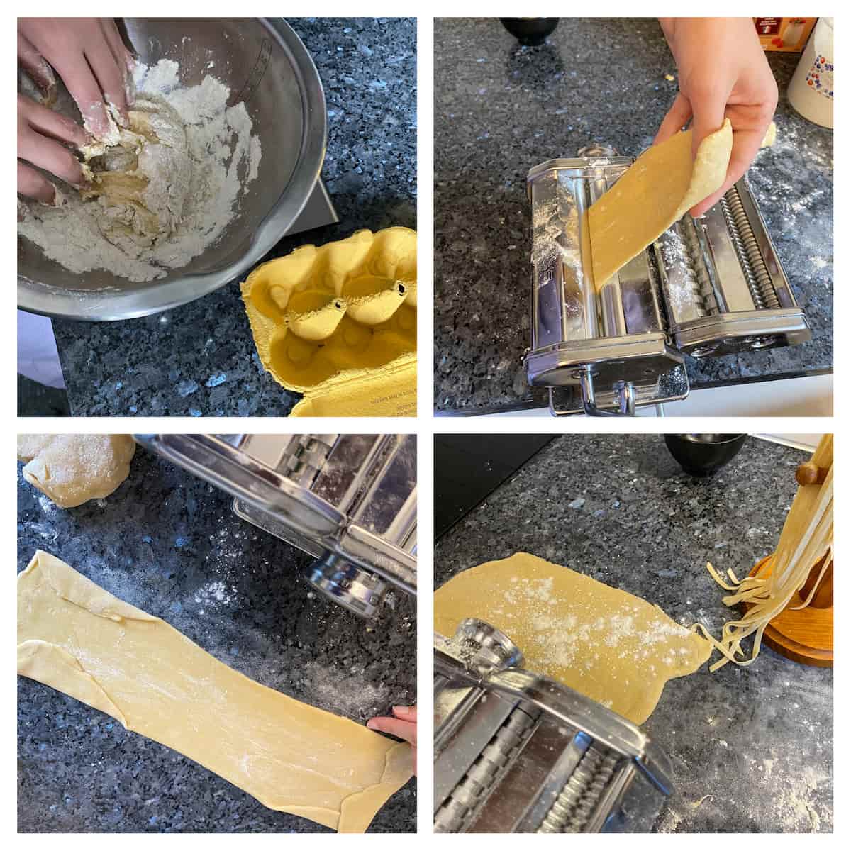 4 diagrams of making egg noodles, homemade pasta
