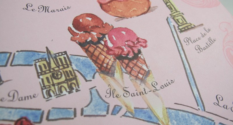 Watercolour map of Ile Saint Louis ice cream from Teatime in Paris