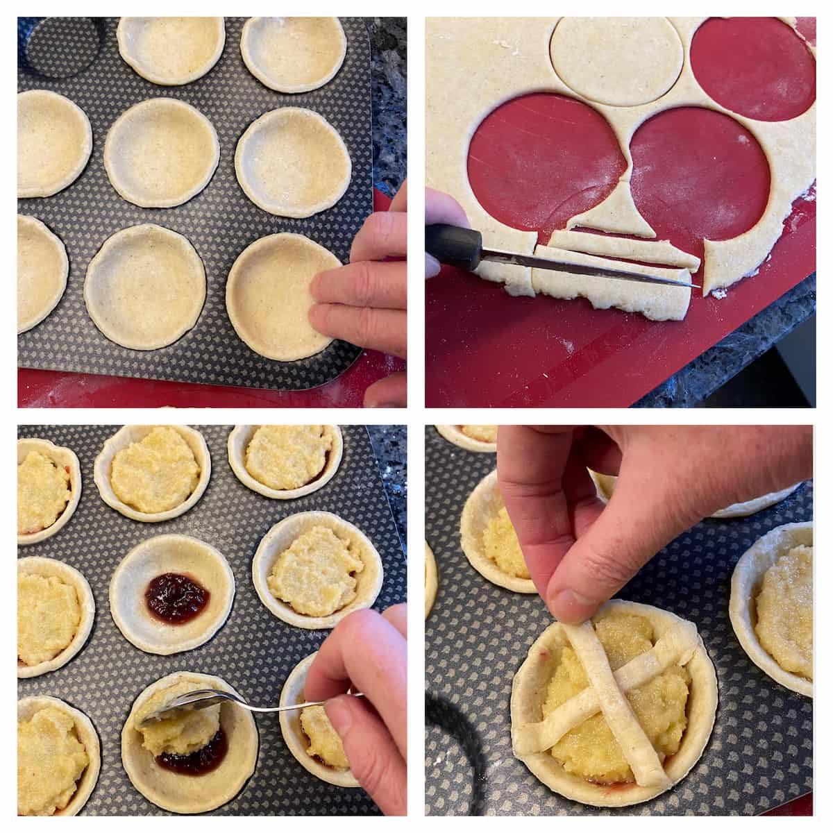 step by step images pressing dough into tartlet trays, cutting thin strips from leftover pastry to make crosses on top of jam and almond filling