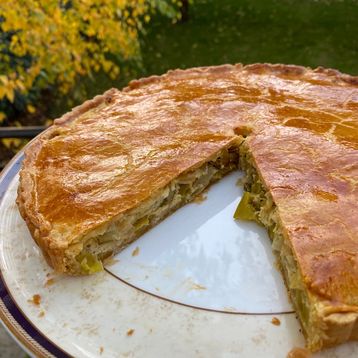 slice taken out of a golden crusted leek pie