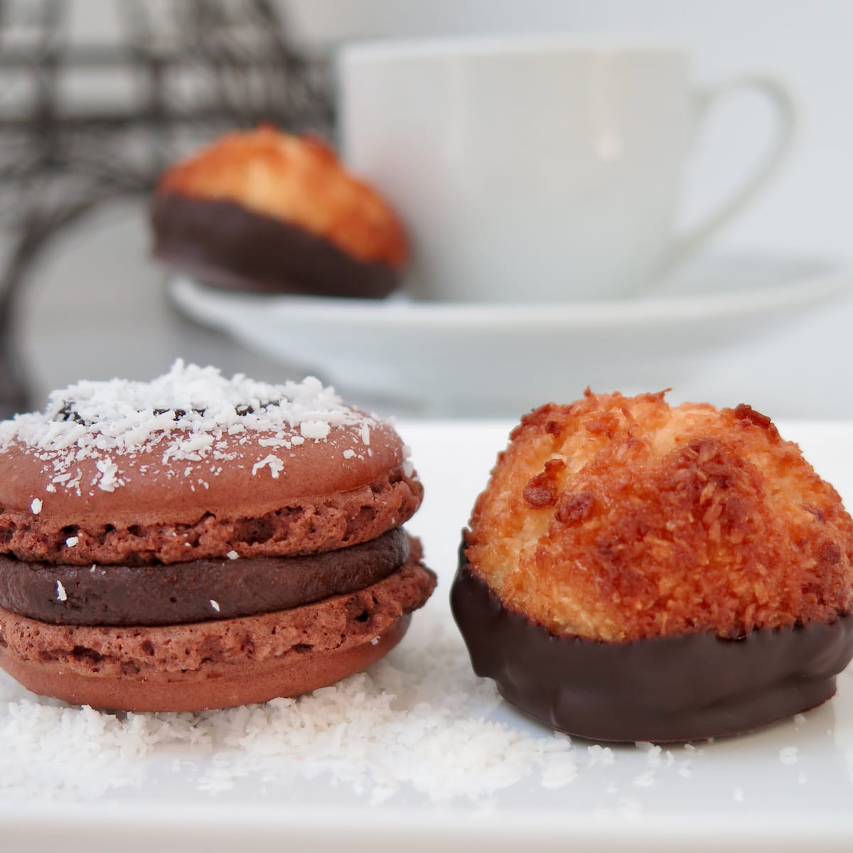 chocolate macaron and a coconut macaroon side by side