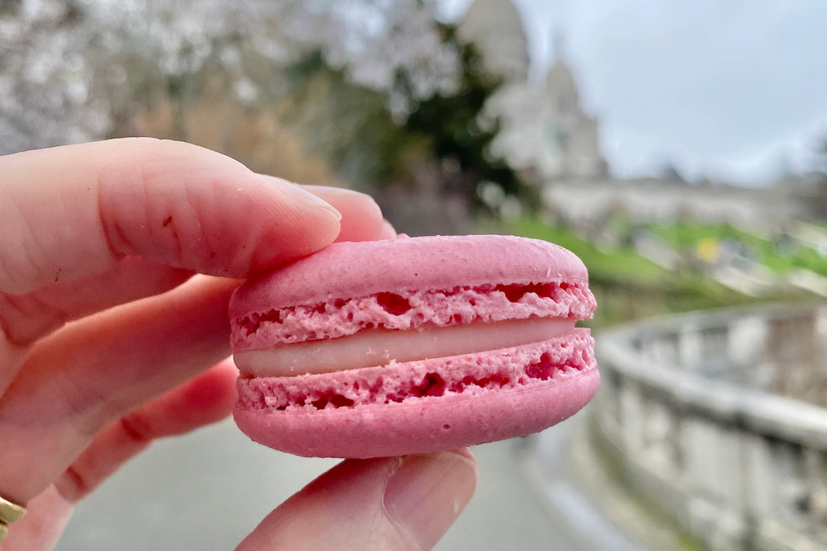 pink macaron cookie with ruffled feet