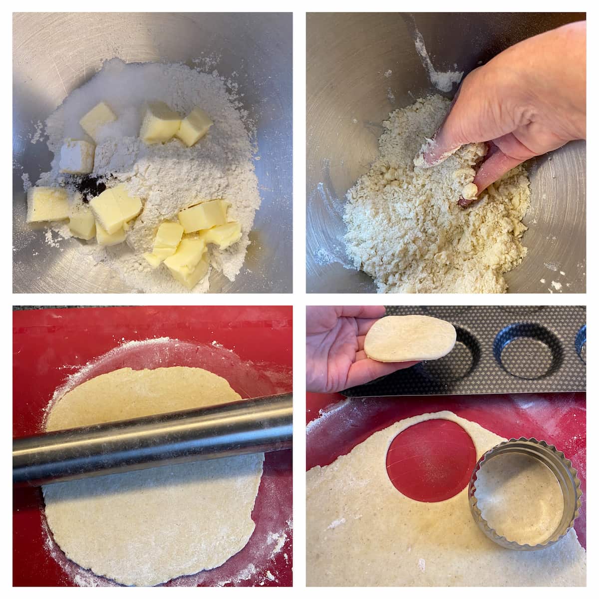 rubbing butter into flour to make a dough then rolling it out and cutting shapes