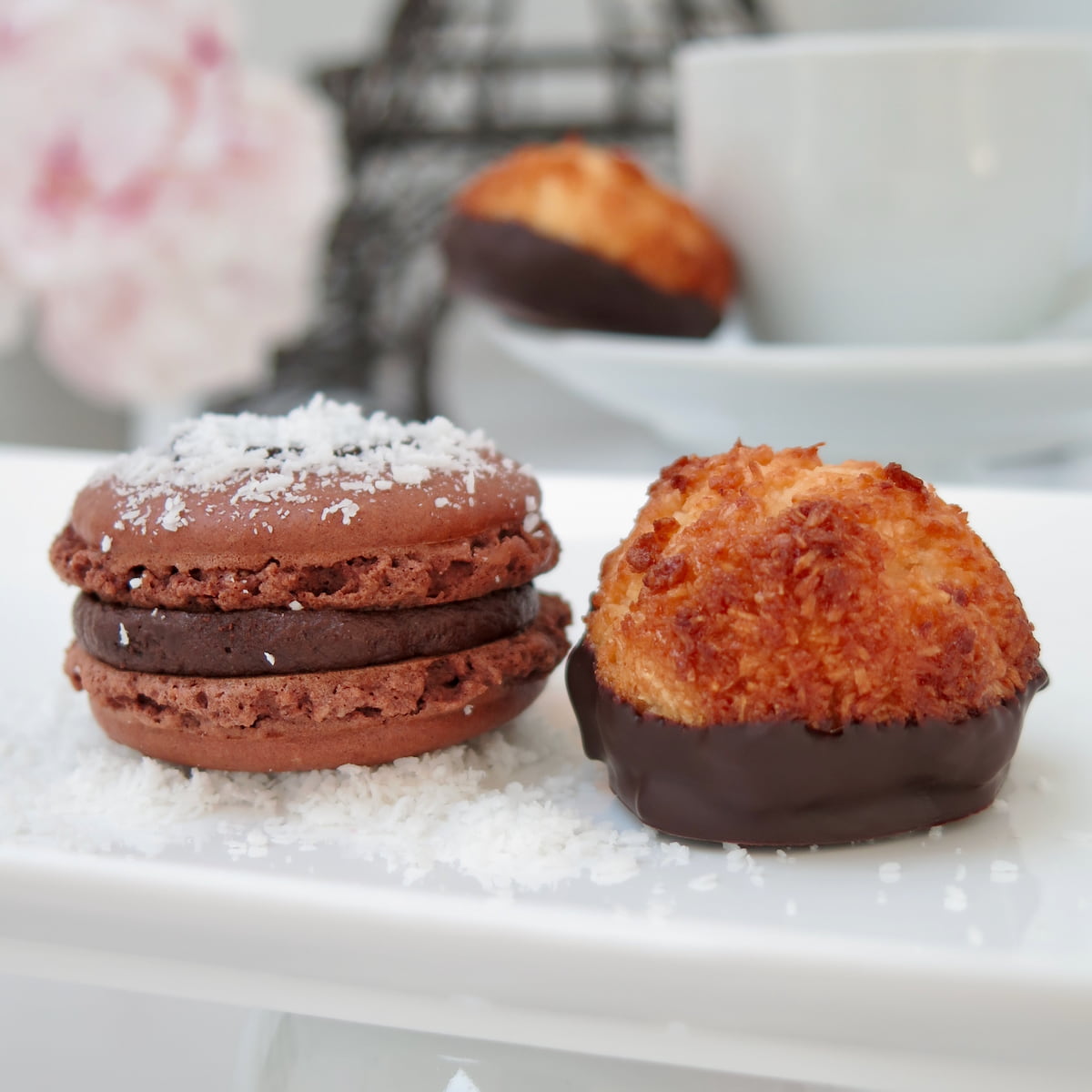 a macaron and a coconut macaroon side by side to show the difference