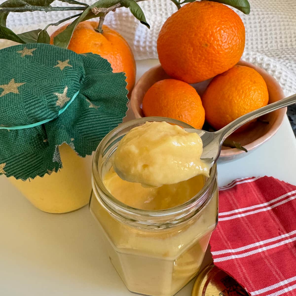 spoonful of creamy orange curd, naturally thickened using egg yolks